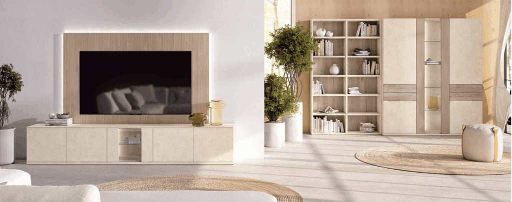 Composición salón con librería y vitrina 16 Aura